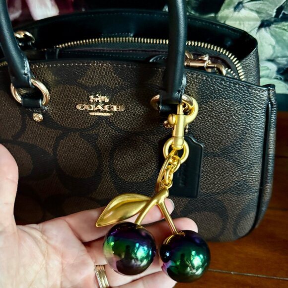 NEW Vibrant Iridescent Cherry Bag Charm & Lobster Clasp Keychain in Gold Tone - Picture 1 of 7